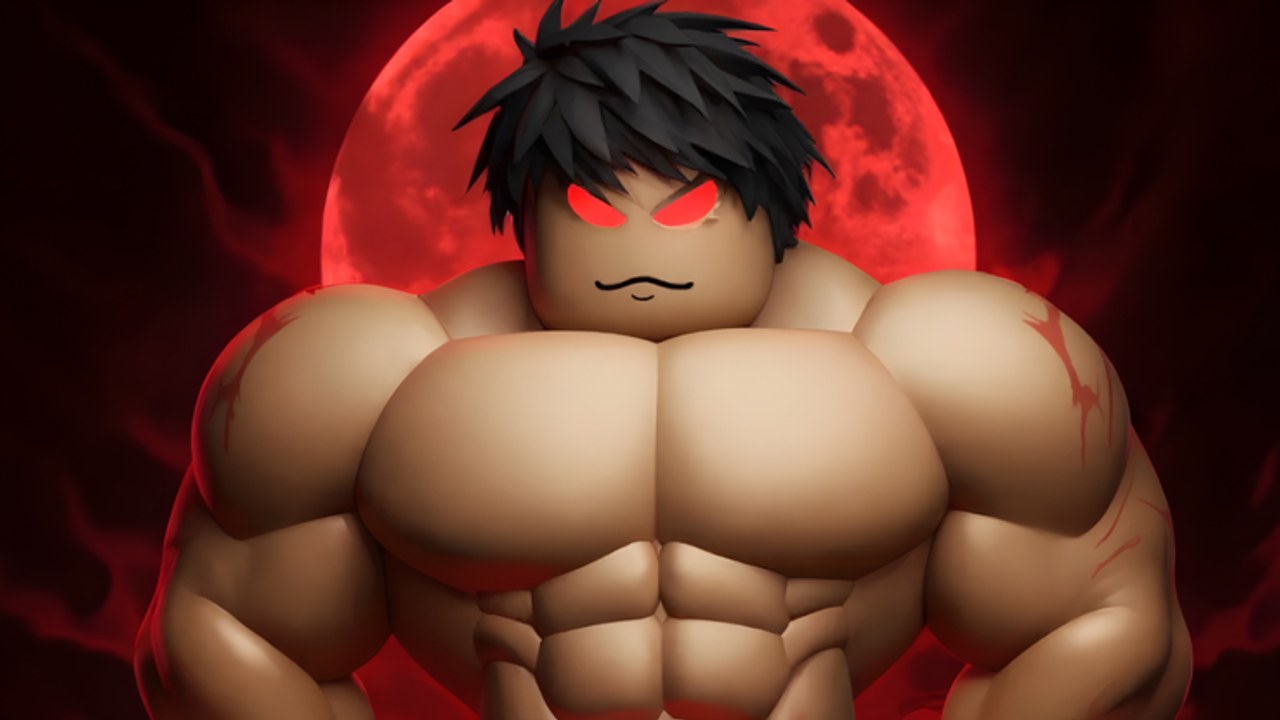 Gym League Roblox thumbnail of a shredded bodybuilder character in front of a red moon