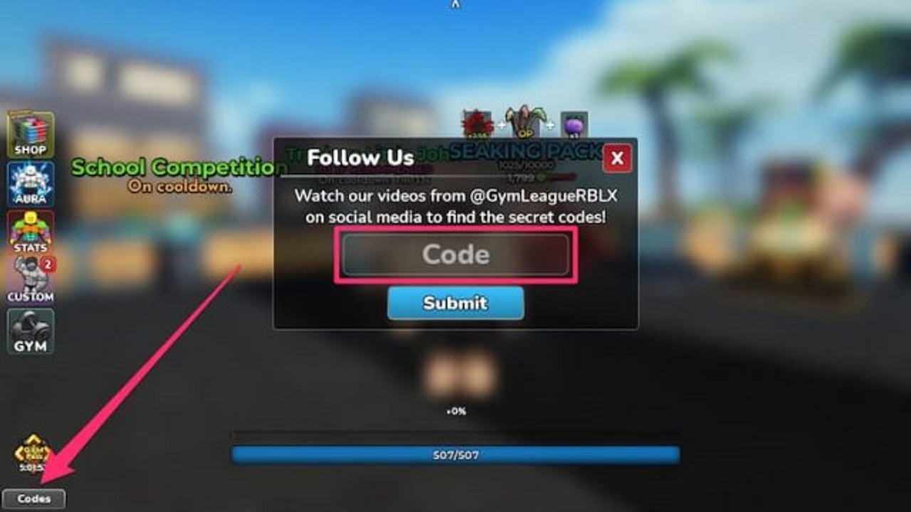 In-game Gym League codes menu on the Beach Gym map with the Codes button and Submit field